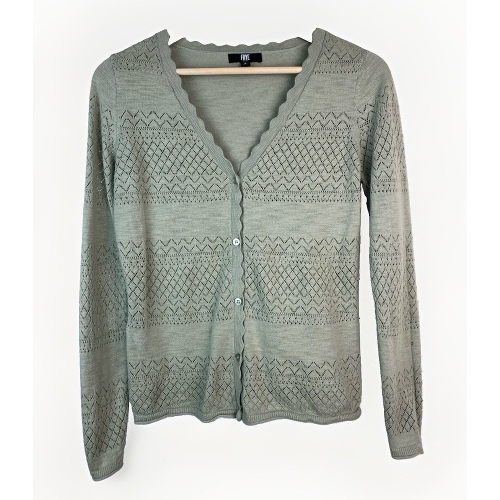 Frye Pointelle Scalloped Button Front Cardigan Sweater Women's S Sage Green